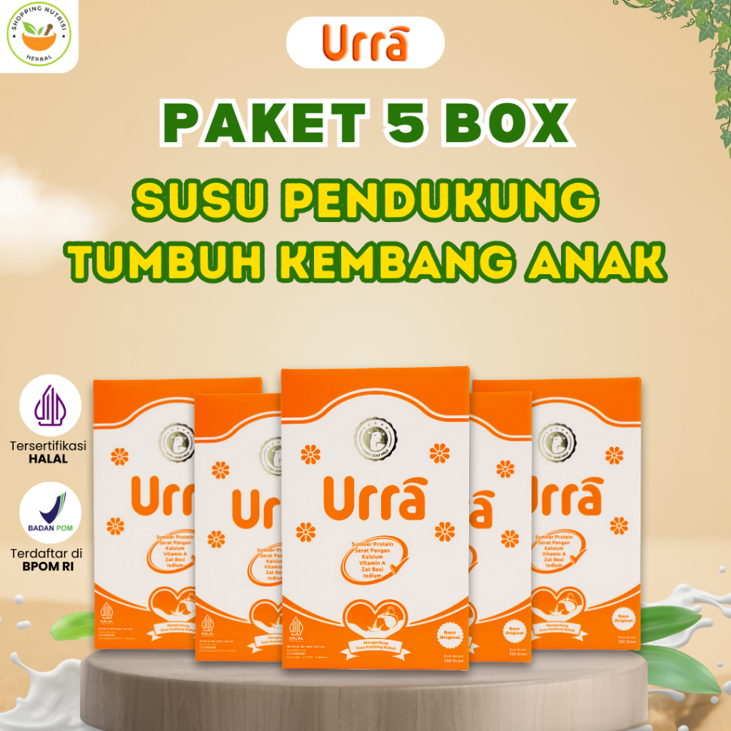 

[ PAKET 5 BOX ] SUSU URRA - Susu Kambing Saanen Bubuk Premium - Anti Prengus Sumber Protein Tinggi Nutrisi dan Kalsium - 200gr Halal BPOM