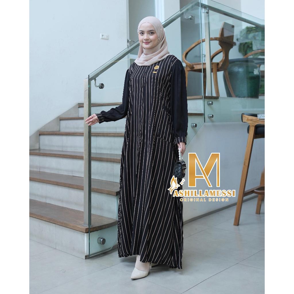 OMIRA DRESS SALUR BY ASHILLA MESSI DRESS MOTIF SALUR KEKINIAN LENGAN POLOS  TERBARU