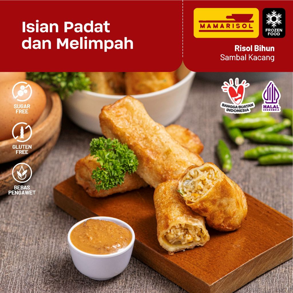 

Premium BIG SIZE Risol Bihun Frozen Sambal Kacang Lumer Renyah 500 gr 5 pcs By Mamarisol