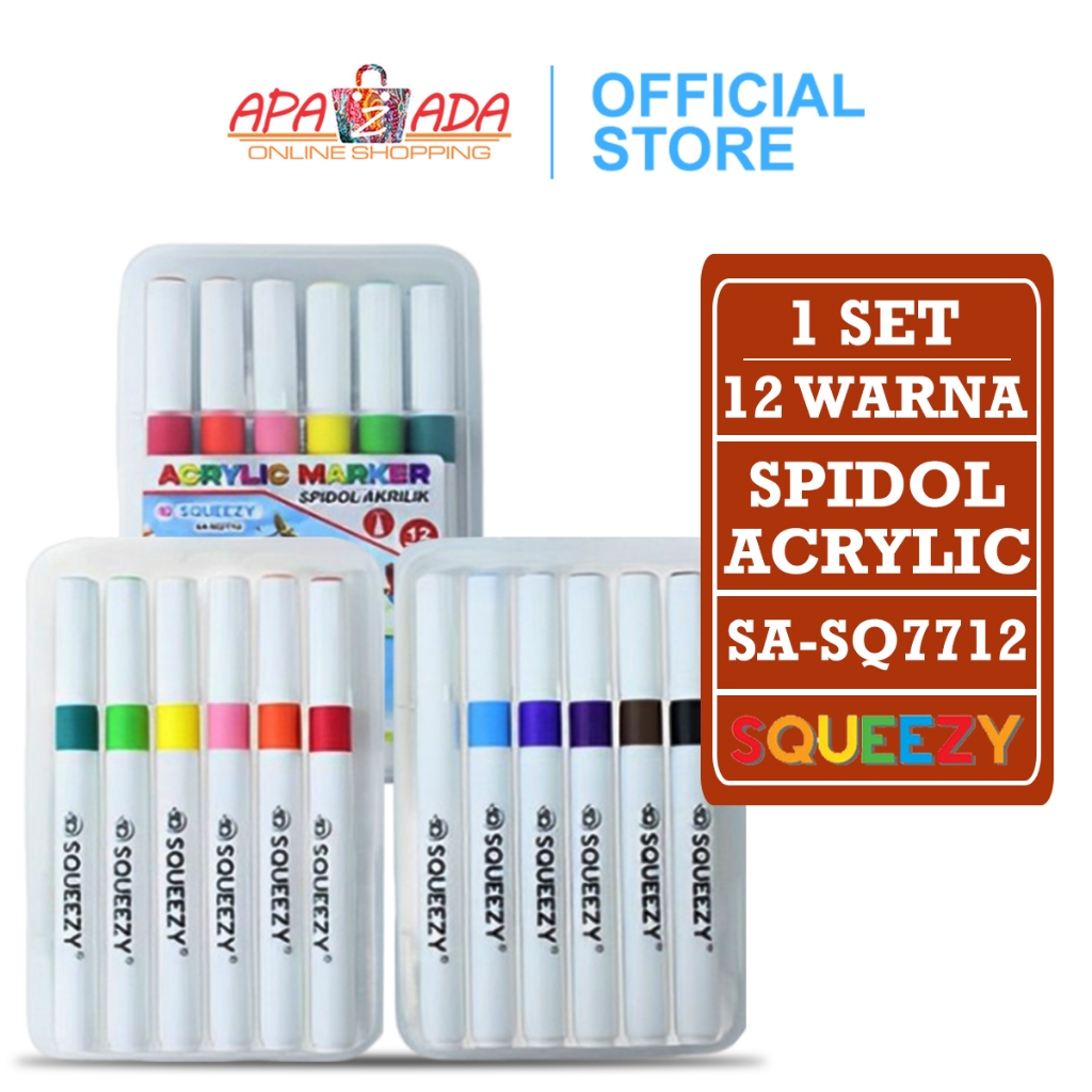 

Apazada - Spidol Akrilik [1 Set - 12 Warna] / Pena Cat / Acrylic Marker Squeezy SA-SQ7712