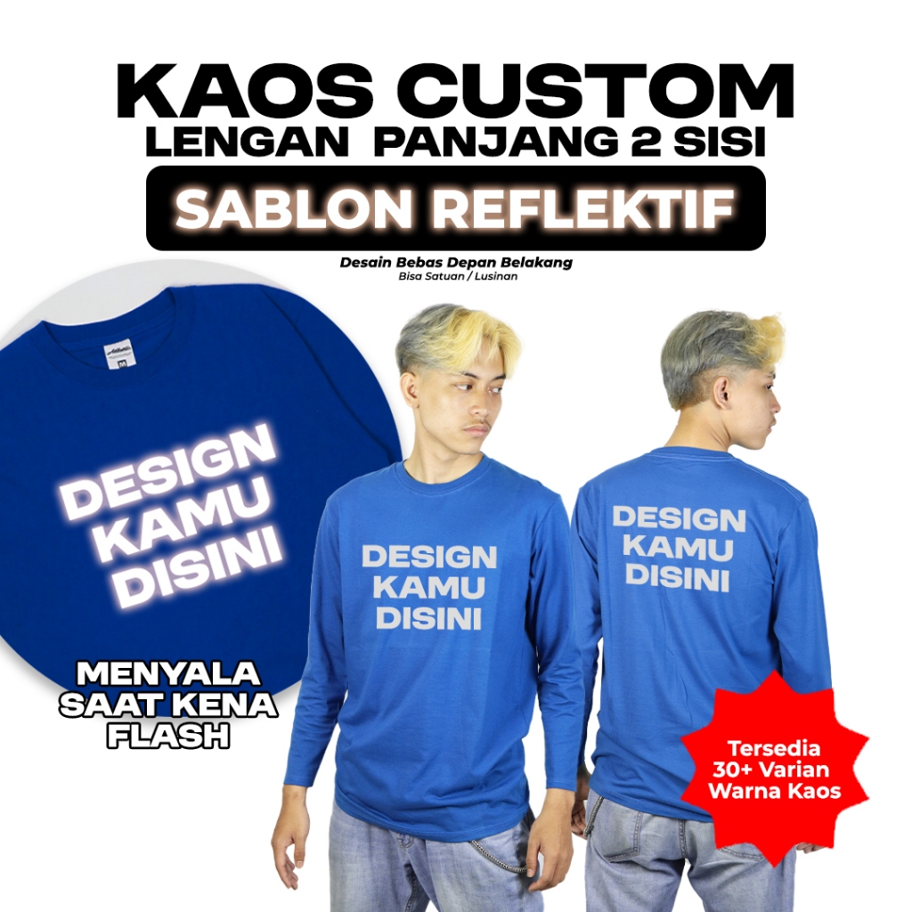 Kaos Custom Sablon Satuan Reflective Silver 2 Sisi Lengan Panjang Reflektif Menyala Saat Kena Flash 