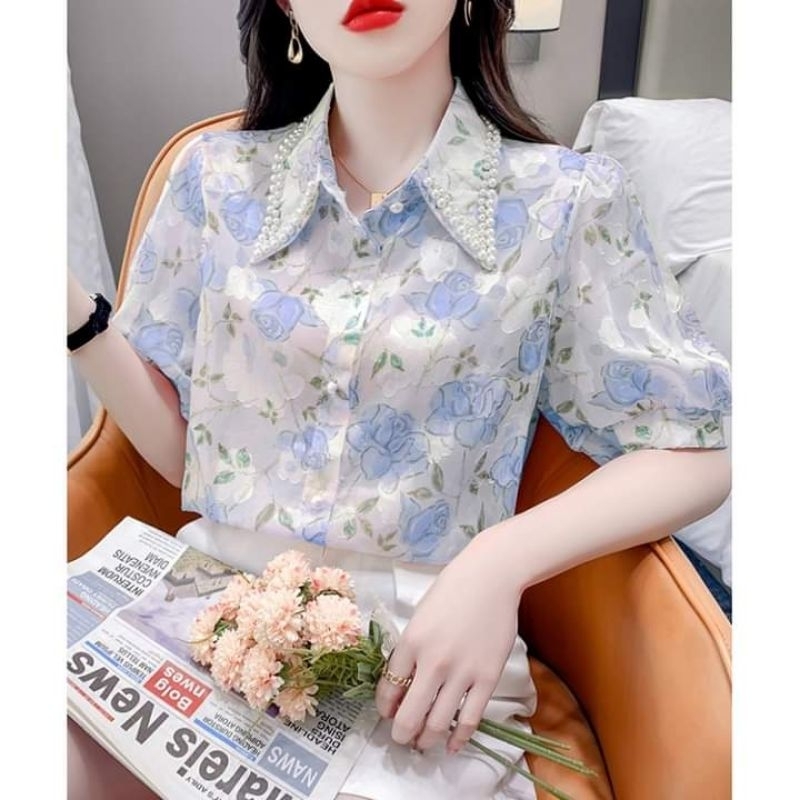 kemeja wanita motif bunga cantik korea lengan pendek elegant