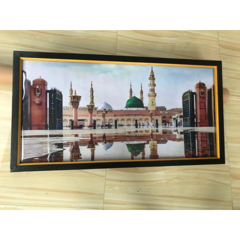 hiasan dinding plus bingkai gambar masjid Nabawi ukuran 100x50cm