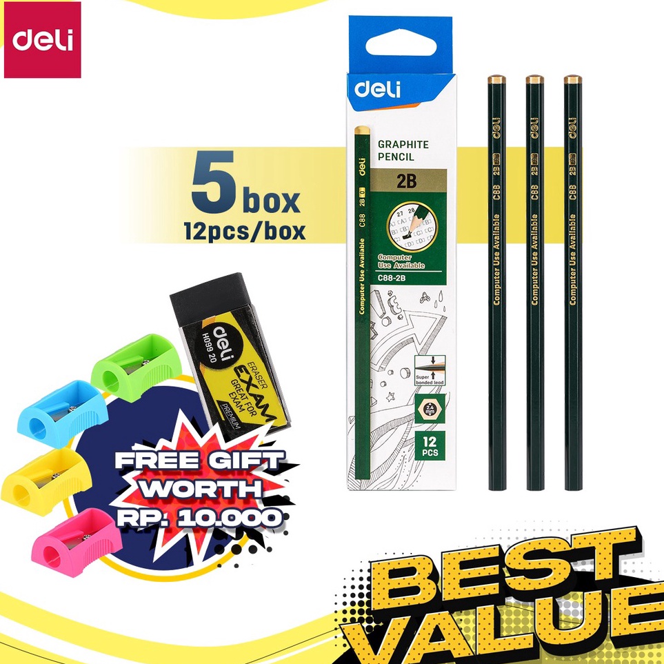 

KODE V8Z6 Deli Paket Kombo ATK Ekonomis 6 pcs Pensil Kayu 2B Gratis Rautan Penghapus EC882B