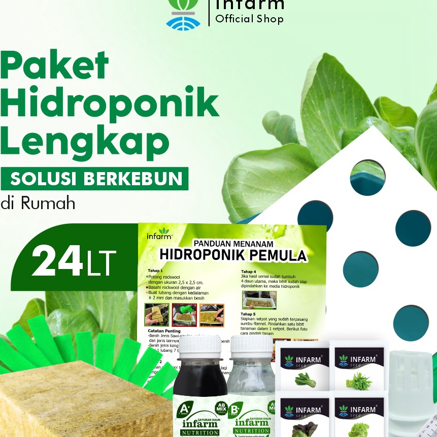 FG2 INFARM  Paket Hidroponik 24 Lubang Premium Starter Kit Benih Rockwool ABMIX Netpot Peralatan Ber