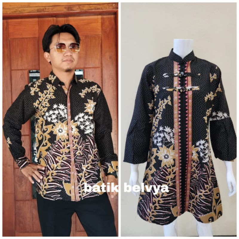 set couple batik motif bunga biru / Batik sragen / batik solo / dress batik / tunik batik / kemeja b