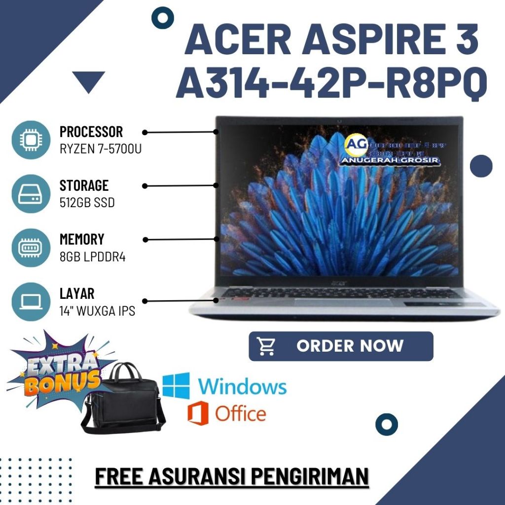 SALE Laptop Acer Aspire 3 A314-42P-R8PQ Ryzen 7 5700u Ram 8Gb Ssd 512Gb 14" IPS - Laptop Acer Murah