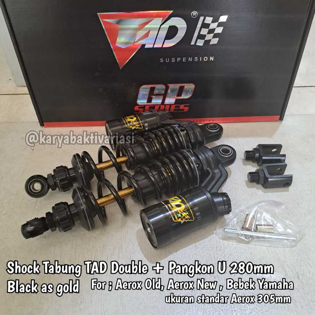 SHOCK TABUNG TAD DOUBLE + PANGKON U warna BLACK AS GOLD Ukuran 280mm, 320mm, 340mm