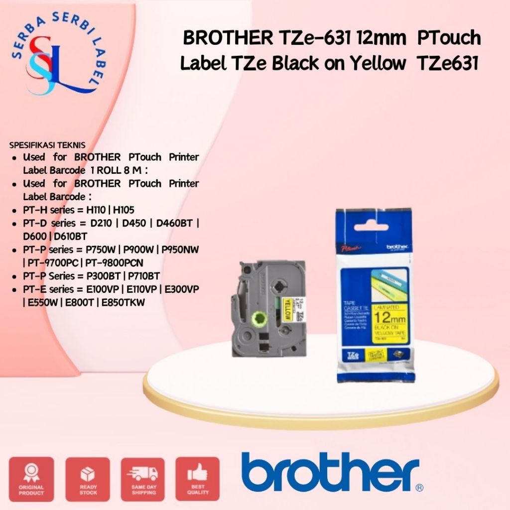 BROTHER TZe-631 12mm PTouch Tape Label TZe631 Black on YellowTZe-731 12mm PTouch Tape Label