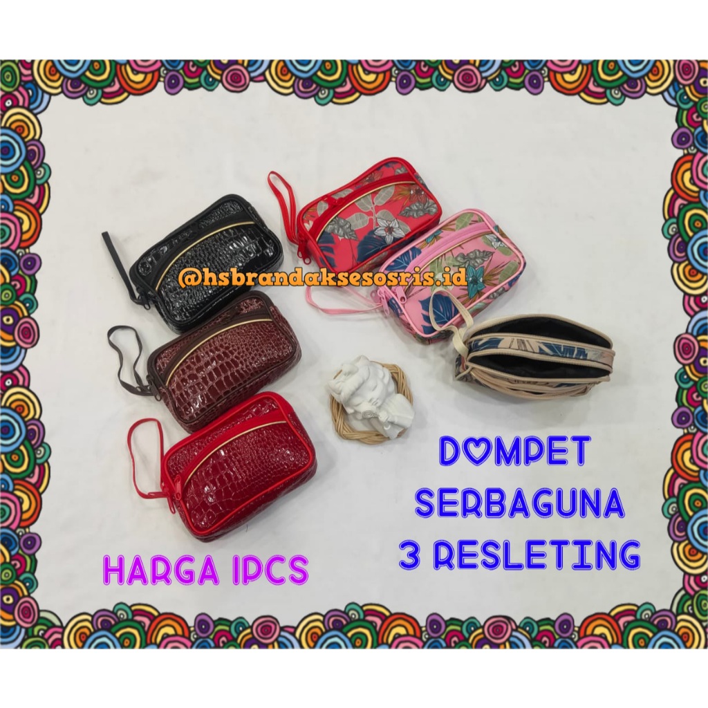 DOMPET WANITA 3 RUANG / DOMPET KOSMETIK / DOMPET SERBAGUNA / DOMPET HP 3 RESLETING / POUCH ZIPPER / 