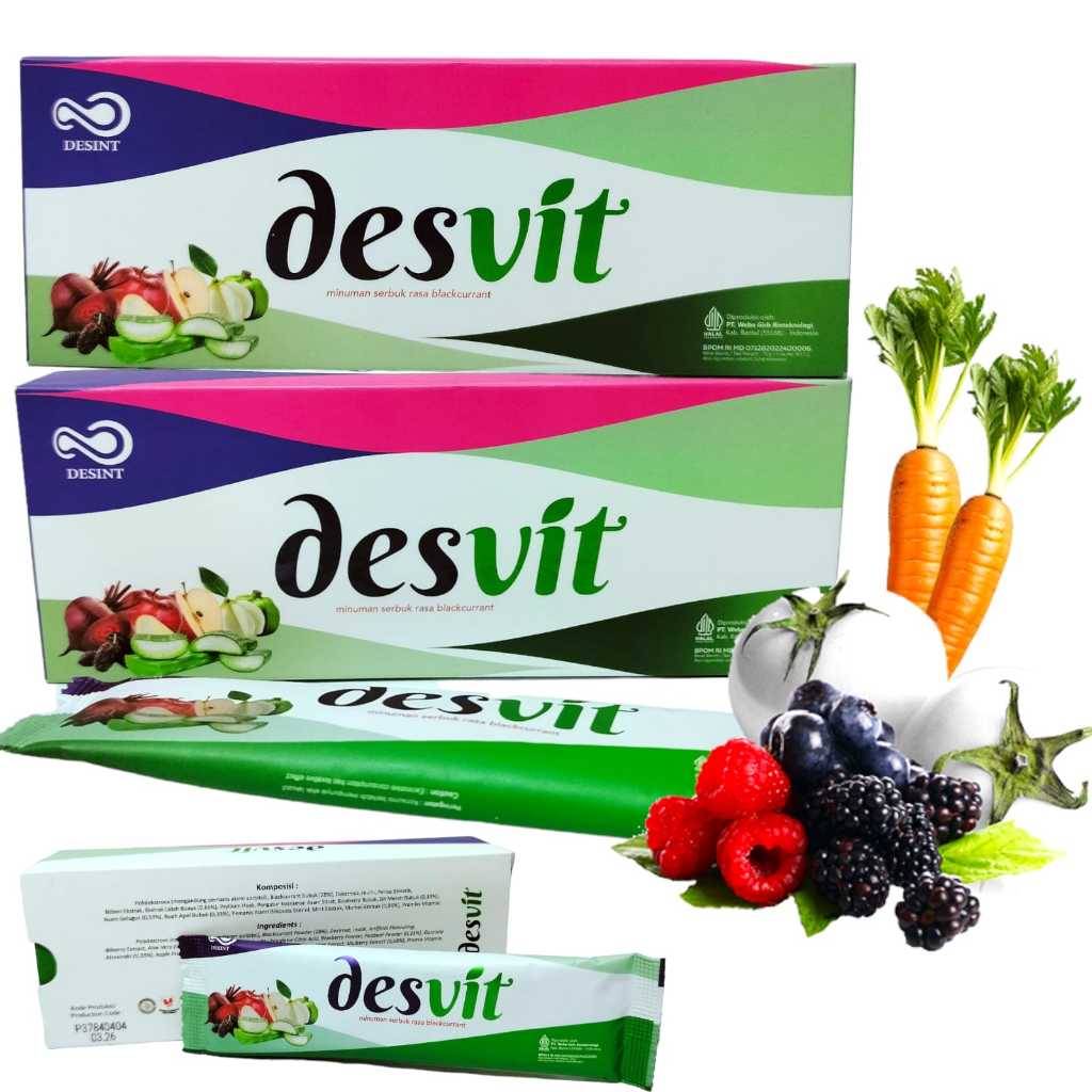 

DESVIT 1 BOX ISI 5 SACHET MINUMAN SERBUK KESEHATAN RASA BLACKCURRANT ORIGINAL DESINT 1 SACHET 15GRAM