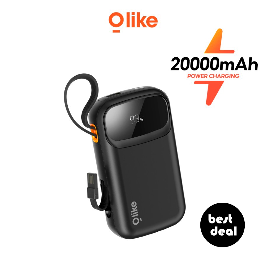 Olike P403 20000mAh Compact Powerbank Fast Charging Built in USB-C USB-A Lightning Cable
