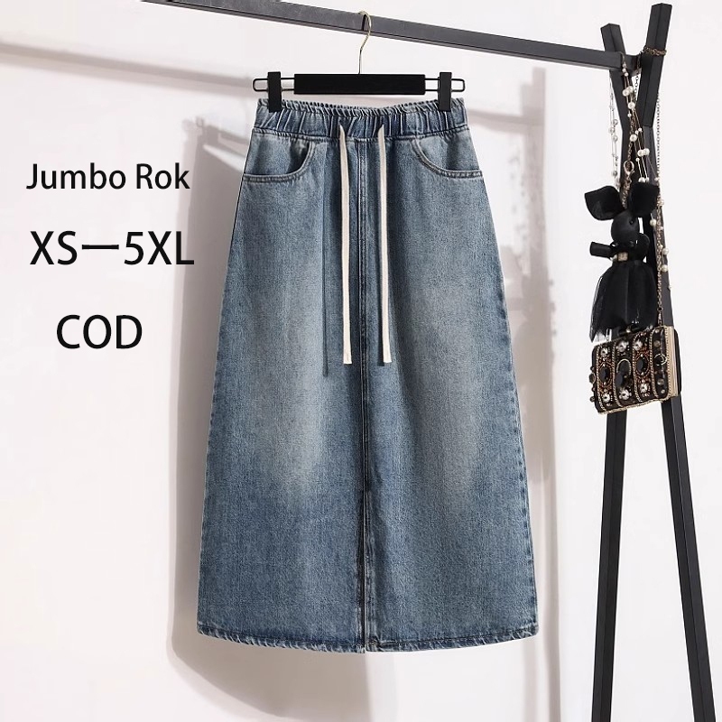 Keygirl Jumbo midi rok span karet Skirt split depan rok denim korean style a line rok jeans highwais