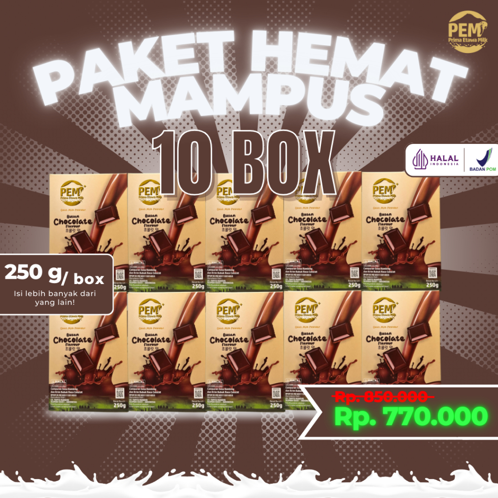 

PAKET HEMAT MAMPUS | PAKET 10 BOX SUSU KAMBING ETAWA MILK | RASA COKELAT