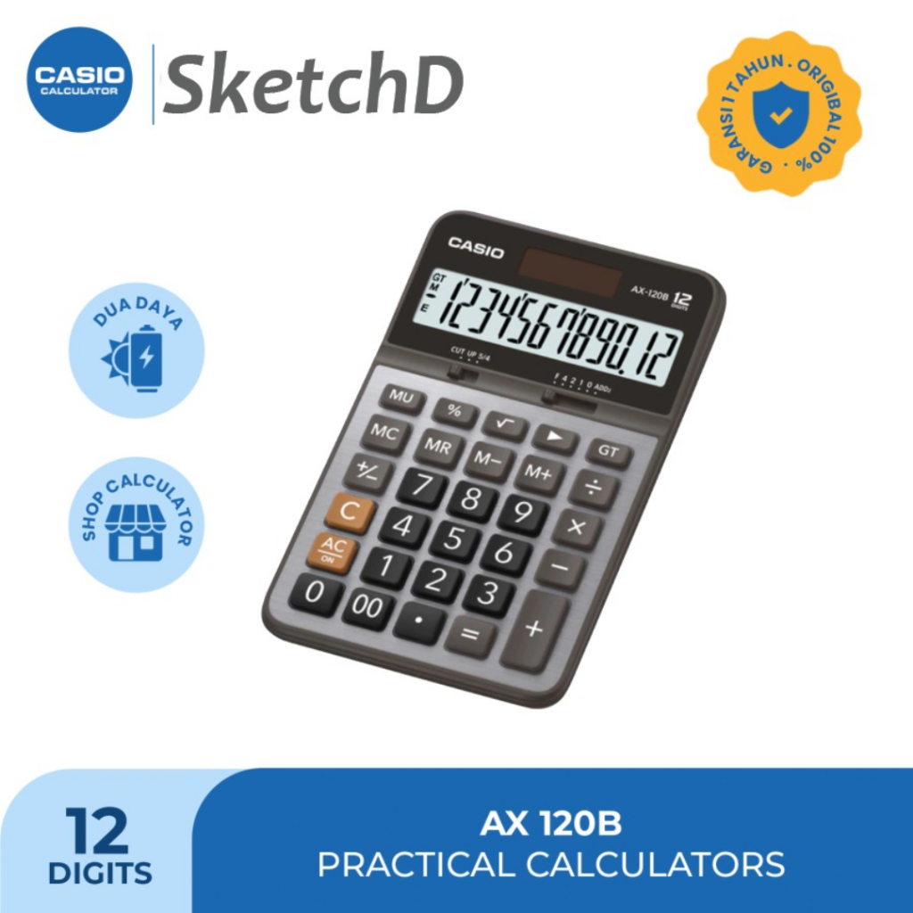 

Kalkulator Biasa Casio Layar Besar AX-120B 12 digit Calculator Solar + Battery Value Series