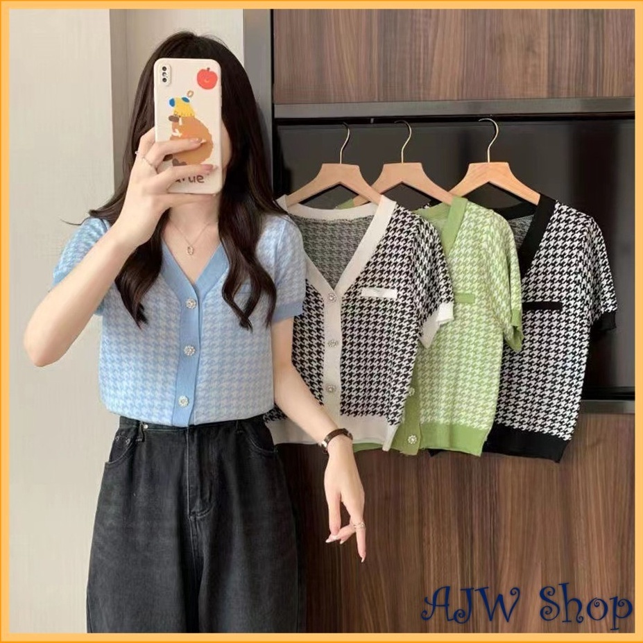 KODE E47L AJW Atasan Korea Lucu Houndstooth Lengan Pendek HBC  Cardigan Lengan Pendek Houndstooth Kn