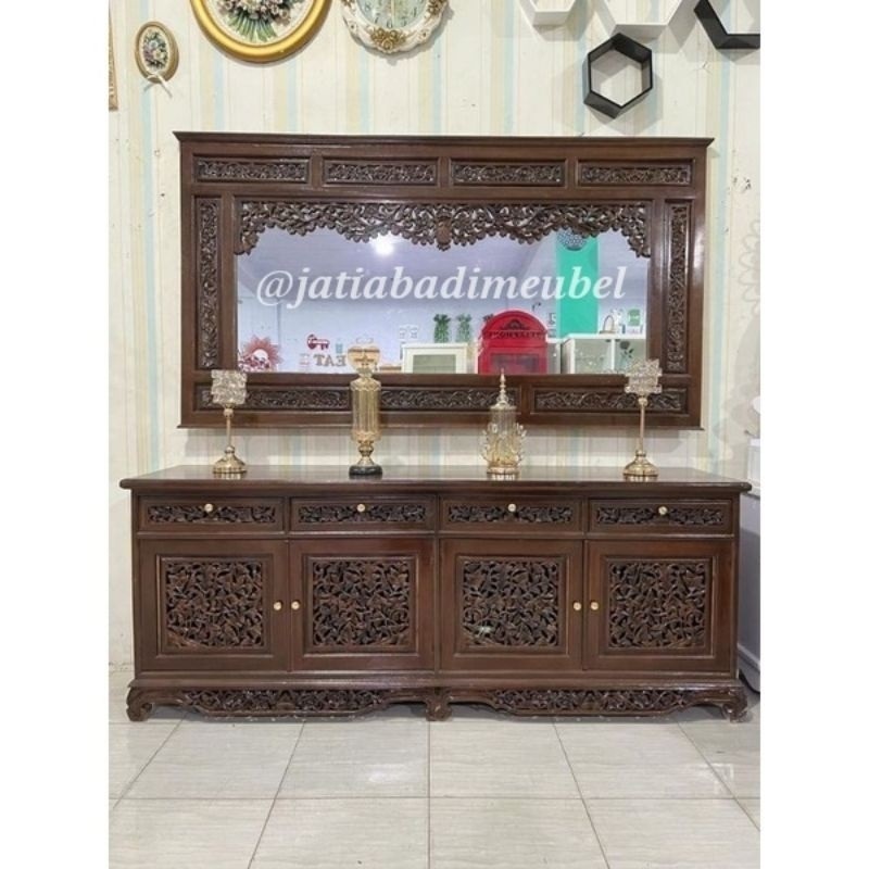 Meja Bufet Tv Ukiran Kayu Jati, Buffet Tv Palembang Ukir Kayu Jati, Kabinet Tv Ukiran Kayu Jati Mebe