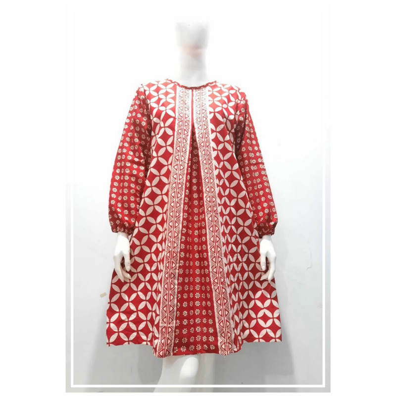 Tunik Batik Wanita Modern Kombinasi Model Pias Merah Putih Bahan Katun Cap Lengan Panjang