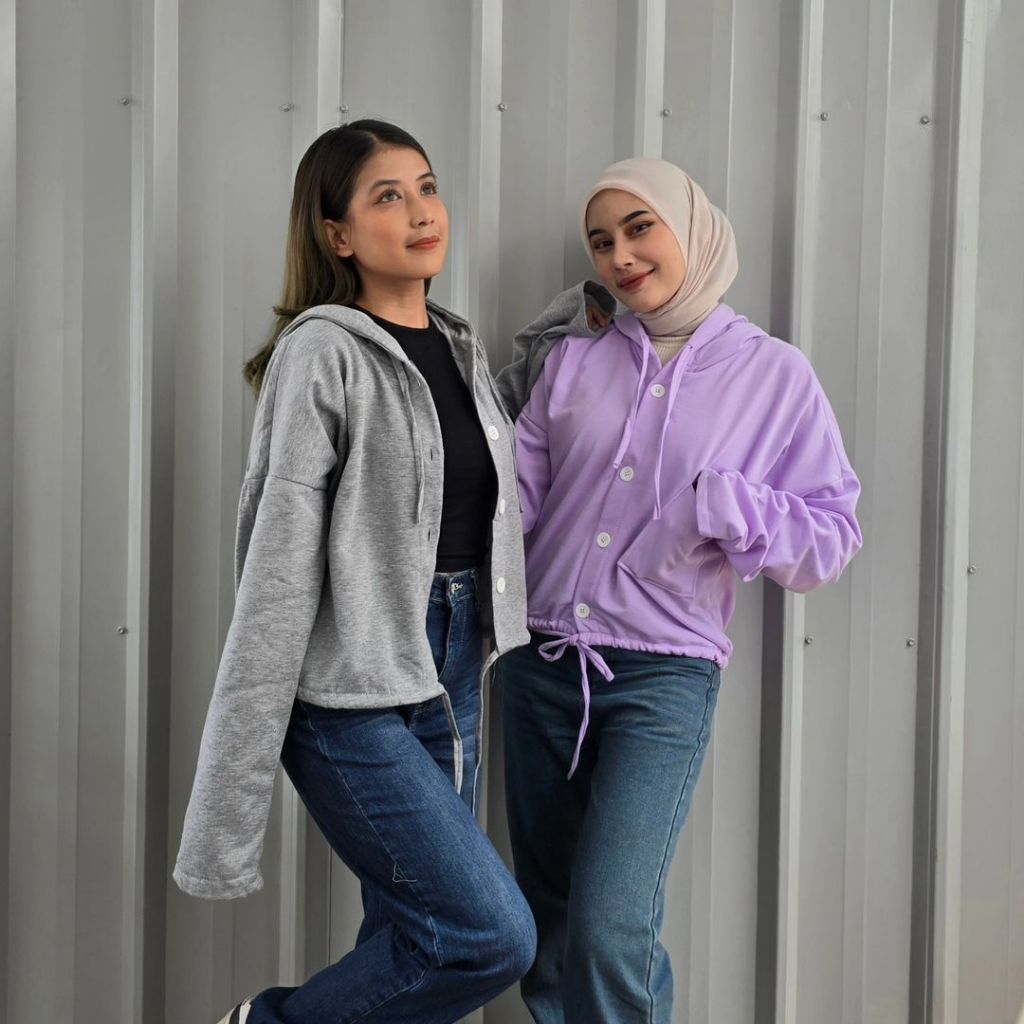 NOUSKA - DEL BUTTON JAKET Wanita Hoodie Korea Cute Kekinian Polos Warna Pastel Abu Cream Pink Putih 