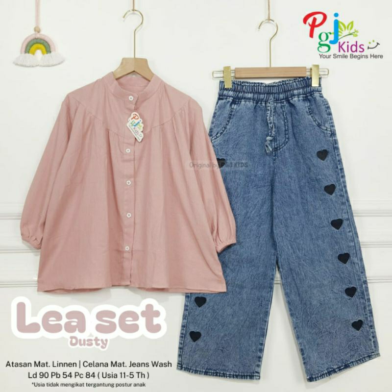 Lea setelan kemeja blouse katun linen celana jeans love anak 10-14 tahun