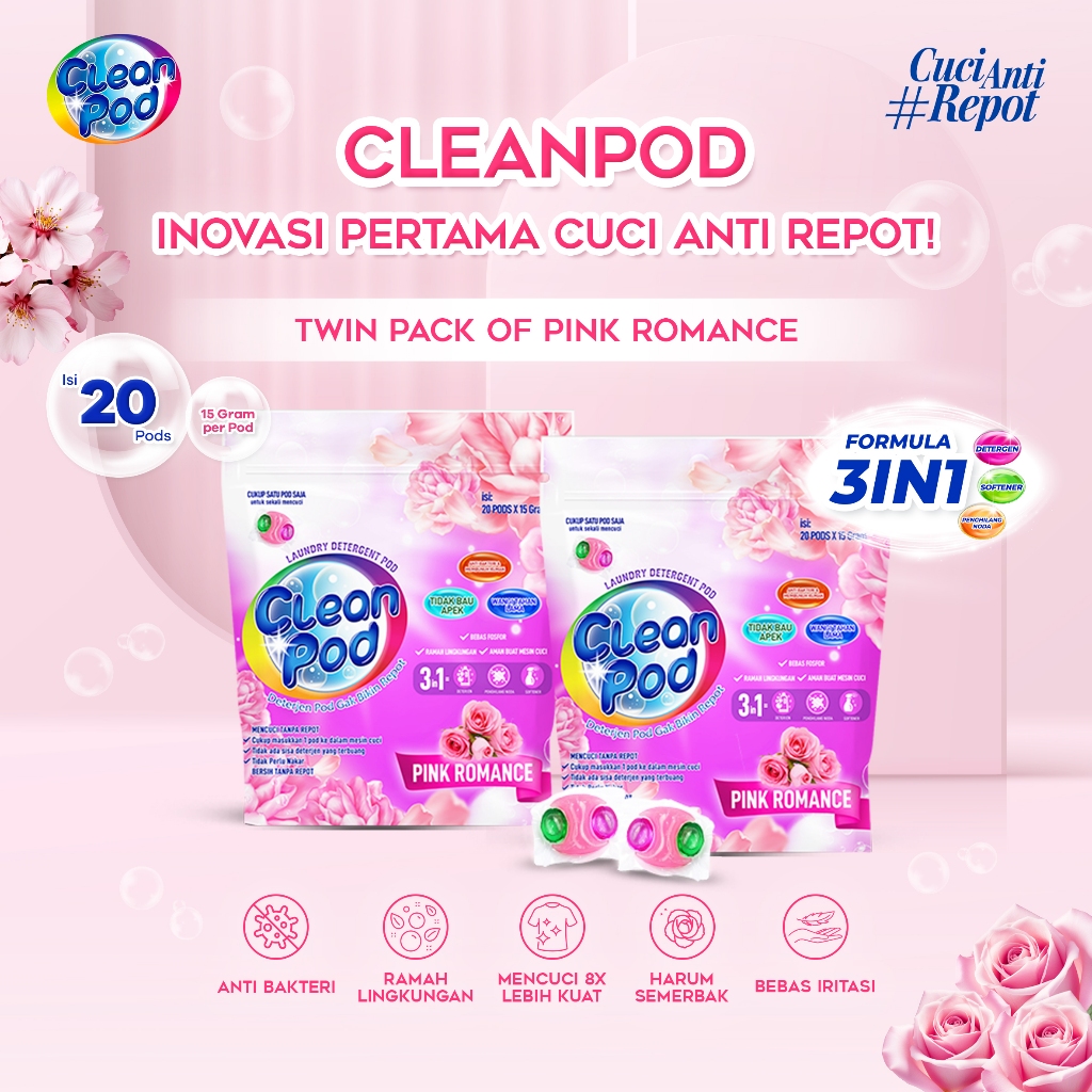 CleanPod Twin Pack of Pink Romance Laundry Pod Detergent / Deterjen Pod Laundry (1 Pack isi 20 Pods)