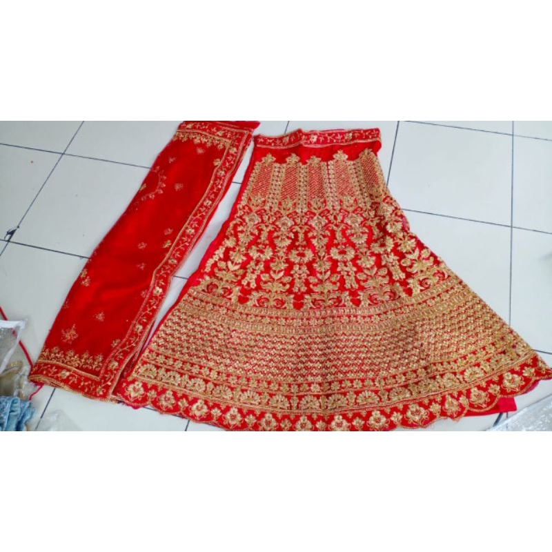 #TjM313 Lehenga Bahan Berpola Jahit Blus choli Rok Selendang baju adat India Lenga MUA bridal Merah 