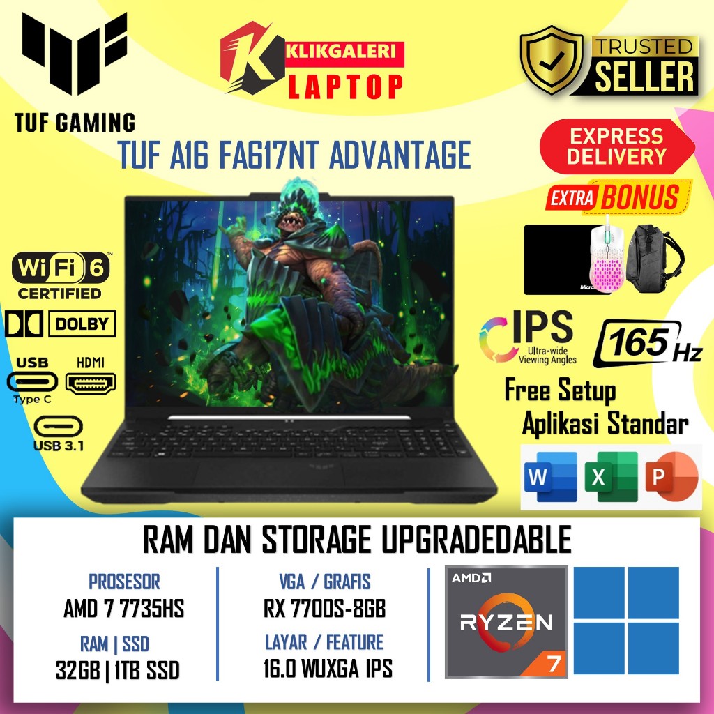 Laptop Gaming Asus TUF A16 FA617NS ADVANTAGE RX 7700S-8GB Amd Ryzen 7 7735HS Ram 64GB DDR5 1TB SSD B