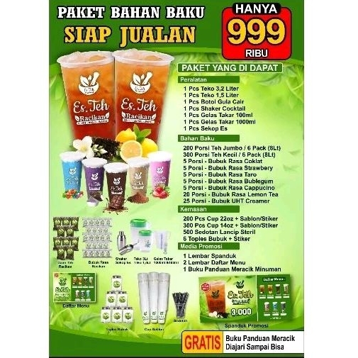 

Paket Siap Jualan 999rb (Bahan 500porsi, Peralatan,Kemasan, & Media Promosi)