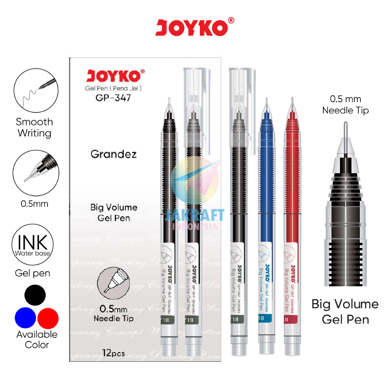 

(12 Pcs) GROSIR Gel Pen Ujung Tajam JOYKO GP-347 Grandez Big Fill Hitam Black / Biru Blue / Merah Red Pulpen Ballpoint 0.5 mm Needle Tip Anti Air & Macet | PACK