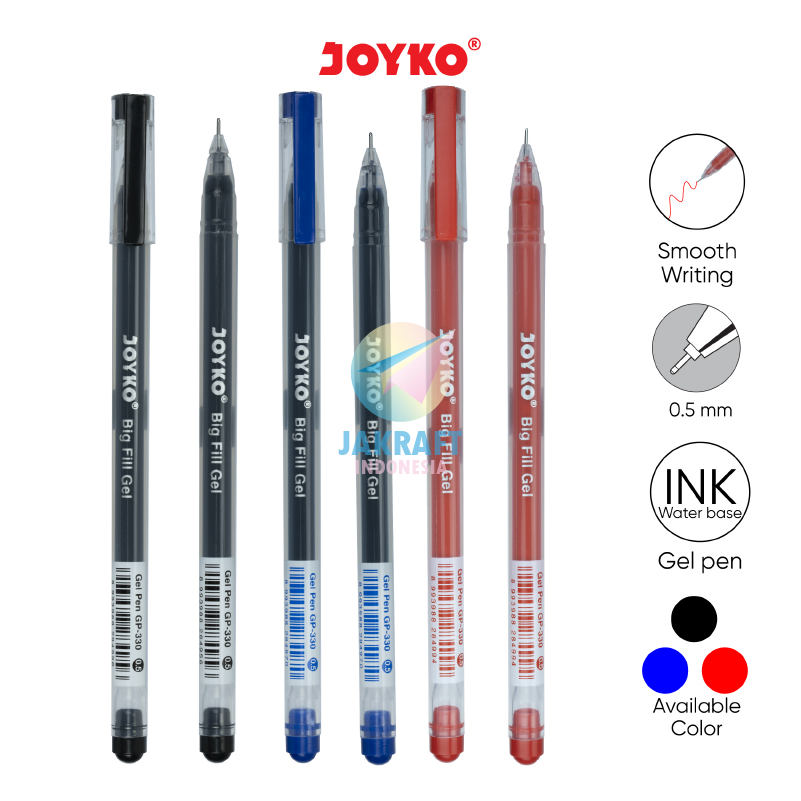 

(1 Pcs) Gel Pen Ujung Tajam JOYKO GP-330 Big Fill Hitam Black / Biru Blue / Merah Red Pulpen Ballpoint 0.5 mm Needle Tip Anti Air & Macet