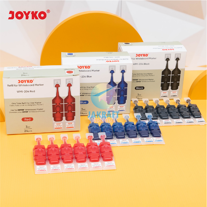 

(24 Pcs) GROSIR Tinta Refill Spidol Papan Tulis & Kaca Bisa Dihapus JOYKO WMI-204 Hitam Black | Biru Blue | Merah Red White Glass Board Marker Ink | PACK