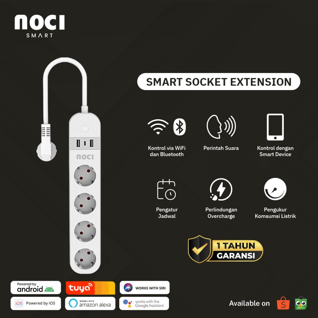 Noci Smart Stop Kontak Colokan Cable Extension 4 Sockets Wireless WiFi + Bluetooth