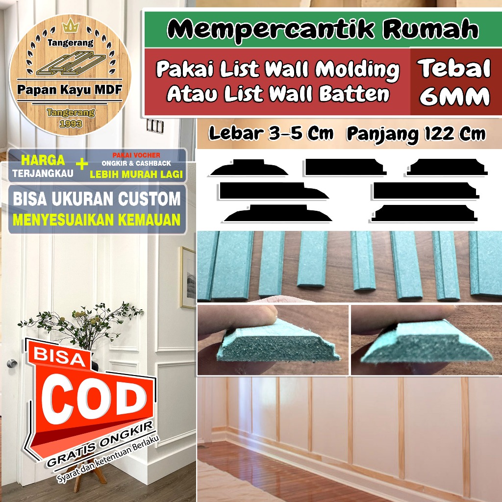 Wall Moulding List Profile Kayu HMR Tebal 6MM Lebar 3-5Cm Lis Batten Wood Panel Dinding Molding 3D
