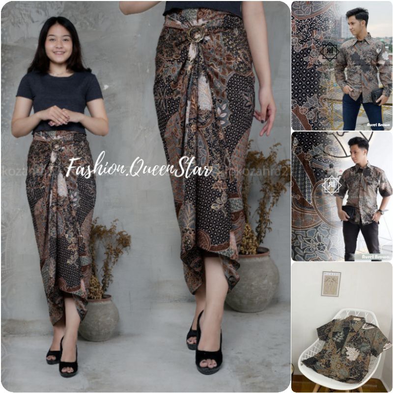 Couple Rok Plisket Dan Lilit Jumbo Set Kemeja Batik Pria / Baju Batik Couple Motif Aurel Mocca / Cou