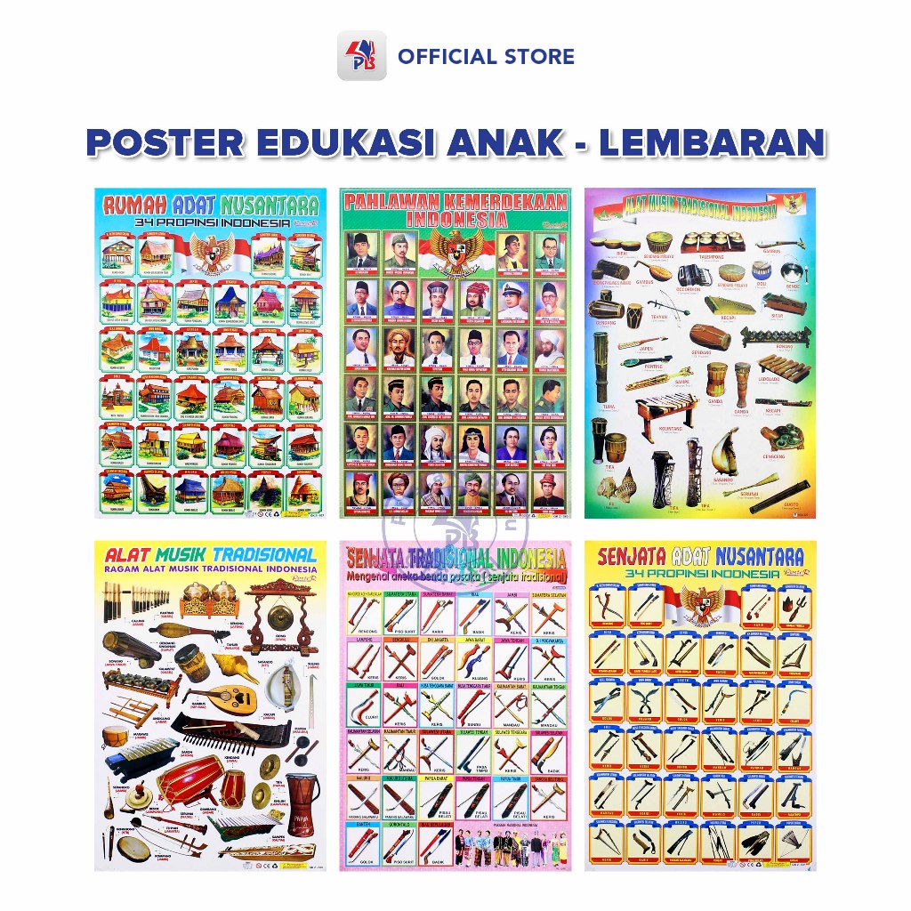 Poster Edukasi Anak Mainan Edukasi Anak Lembaran : Alat Musik Tradisional Indonesia / Senjata Tradis