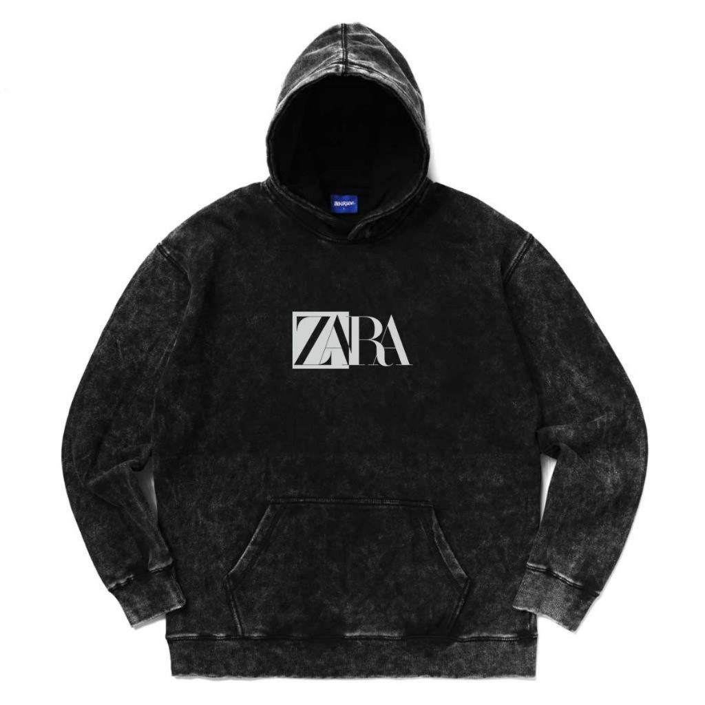 Zara Sweater Hoodie DIstro Simple Basic Reguler Sig Logo Text ( Washed ) Black Sandwash Best quality
