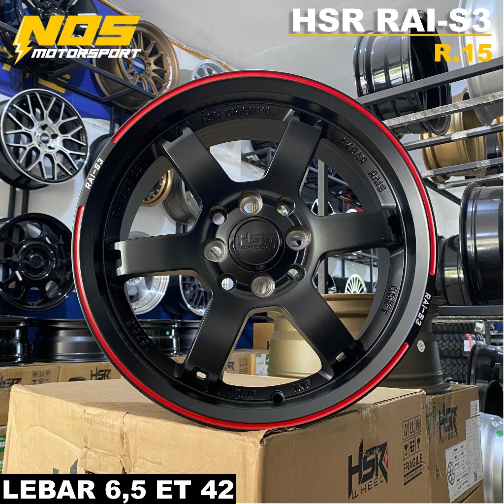 Pelek mobil avanza HSR RAI-S3 ring 15 lubang 4 lebar 6,5 warna hitam lis merah