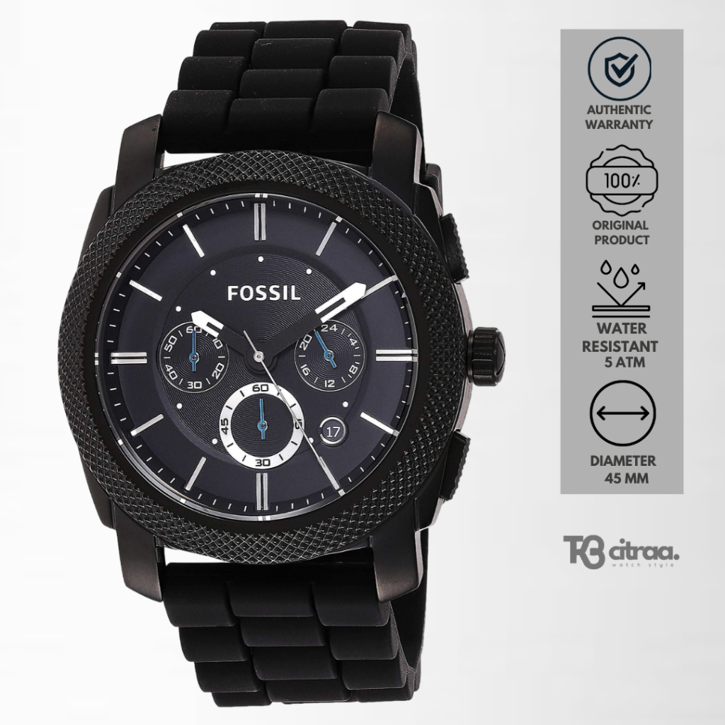 jam tangan fashion pria Fossil Machine analog strap rubber silicone Chronograph hitam Black water re