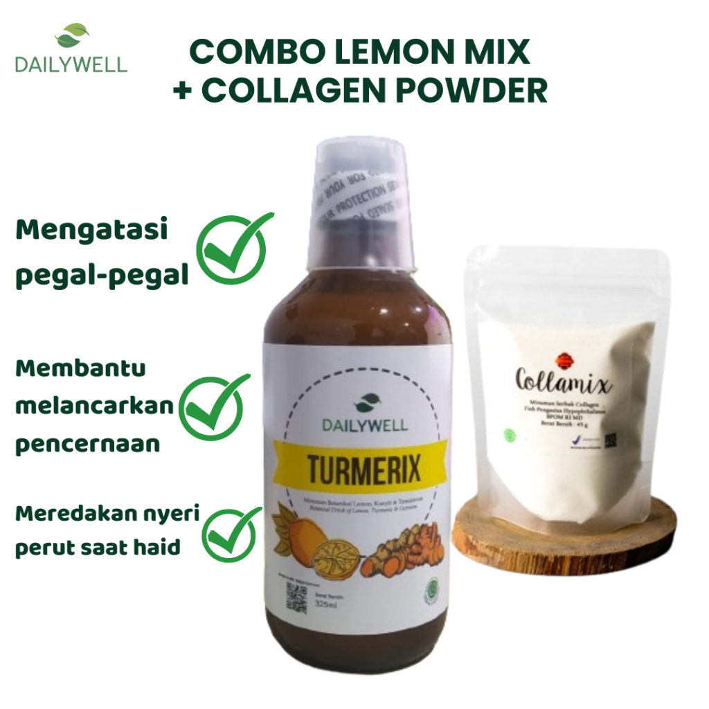 

Dailywell Combo Hemat Turmerix & Ozora Collagen Powder [Sari lemon, sari kunyit dan sari temulawak & Collagen Powder]