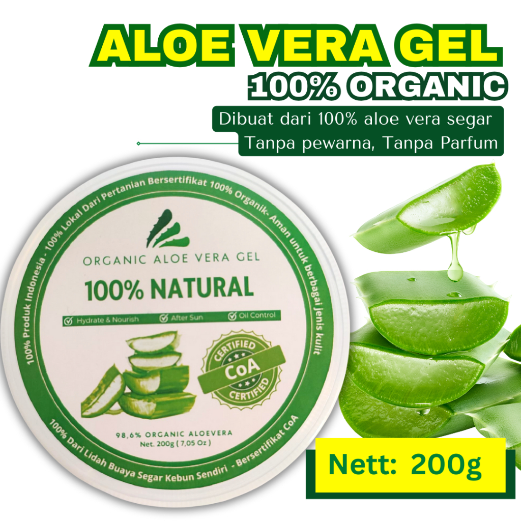 200g Gel Lidah Buaya Untuk Wajah dan Rambut 100% Organik- Asli dari Pelepah Lidah Buaya Segar