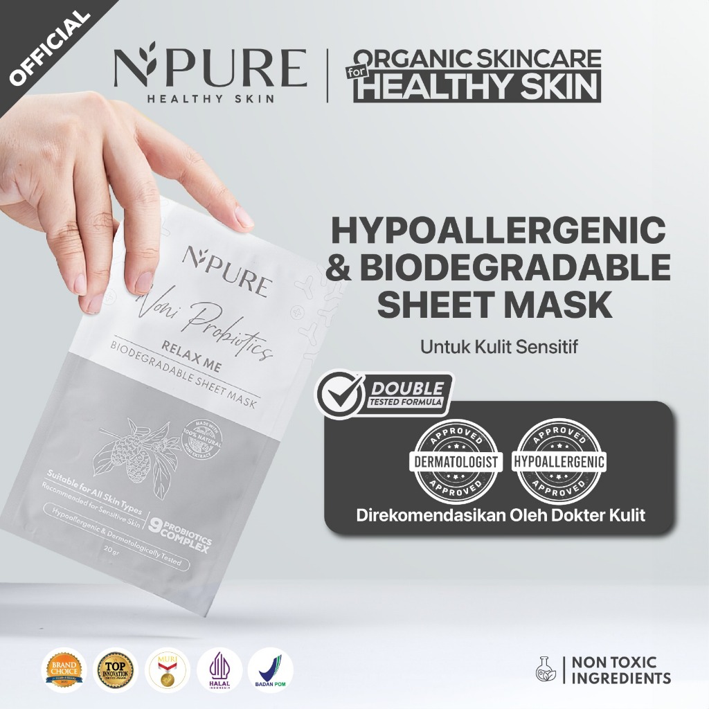 NPURE Sheet Mask Noni / Relax Me / Masker Wajah Kulit Sensitif Kemerahan Hypoallergenic / Biodegrada