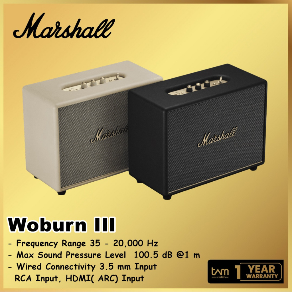 Marshall Woburn III Bluetooth Wireless Speaker - Hitam dan Brass, 150W, Stereo, Kontrol Fisik, Aplikasi Marshall