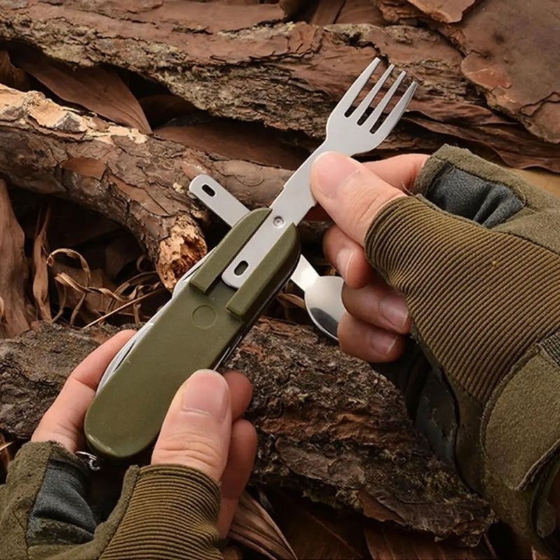 Set Alat Makan Survival Mini Outdoor EDCGEAR Sendok Garpu Pisau Swiss Army Tools Knife EDC 7 in 1 - 