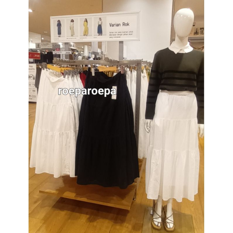Crinkle Cotton Tiered Skirt Uniqlo Rok panel katun kerut