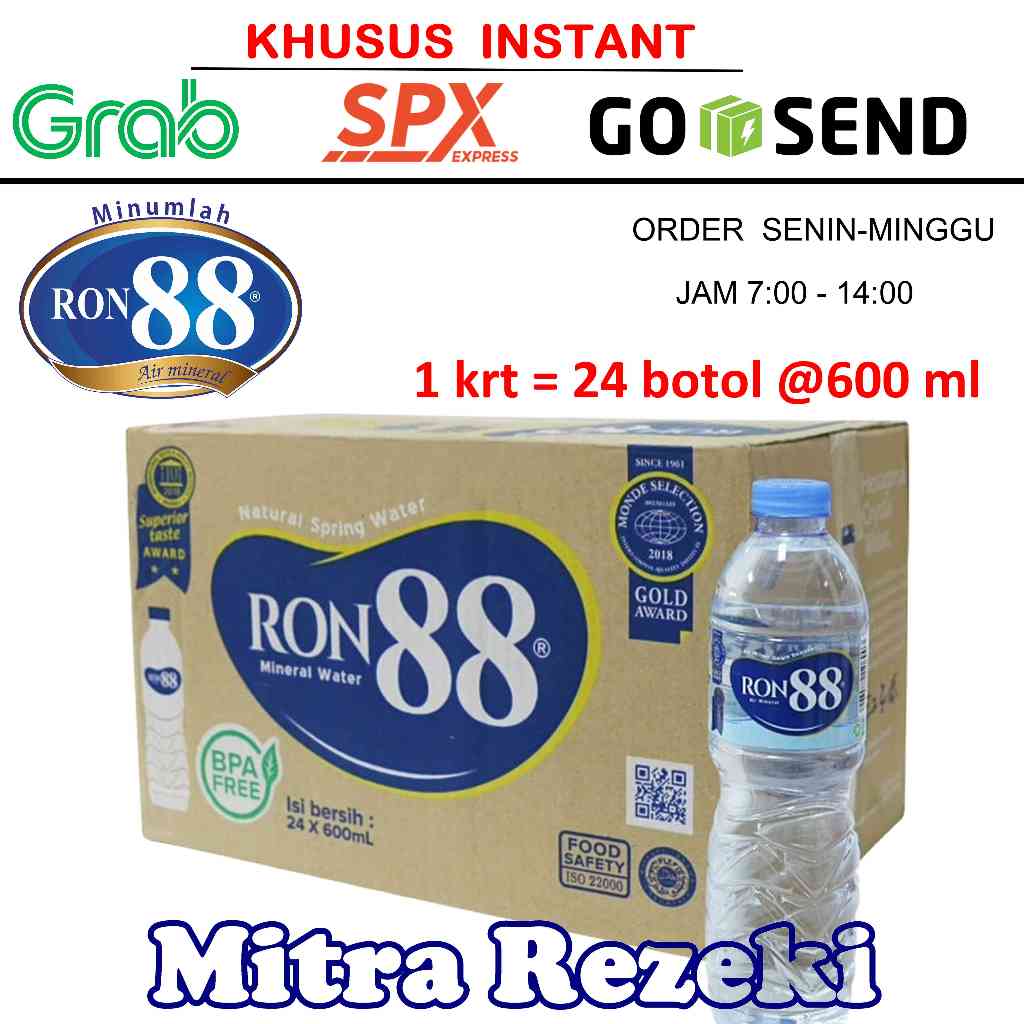 

RON88 600ml Botol 1 Dus=24pcs AIR MINUM MINERAL RON 88 KEMASAN BOTOL INSTAN