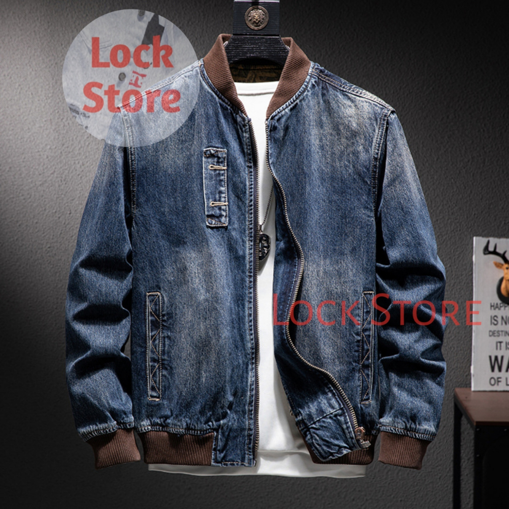 Jaket Jeans Bomber Kombinasi Warna Coklat || Jaket Kerah Beseball Trendi Atasan Kasual Ritsleting Ke