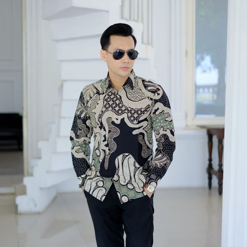 Batik pria slimfit ADINATA SAGE, Kemeja batik pria lengan panjang bahan katun premium by ARS batik s