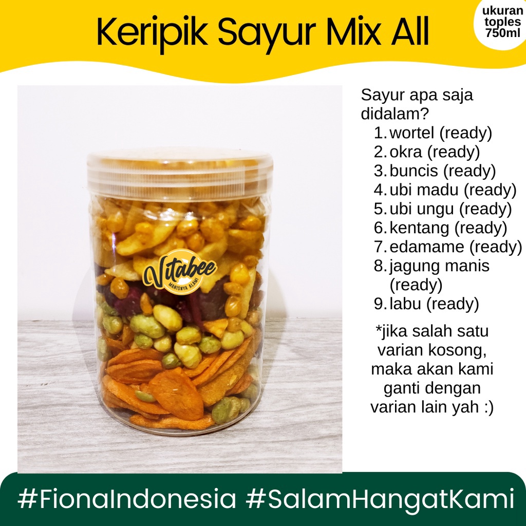 

TERBUKTI Kripik Keripik Sayur Mix Toples 75 ml Wortel Buncis Okra Labu Edamame Ubi Ungu Ubi Madu Kentang Jagung Manis