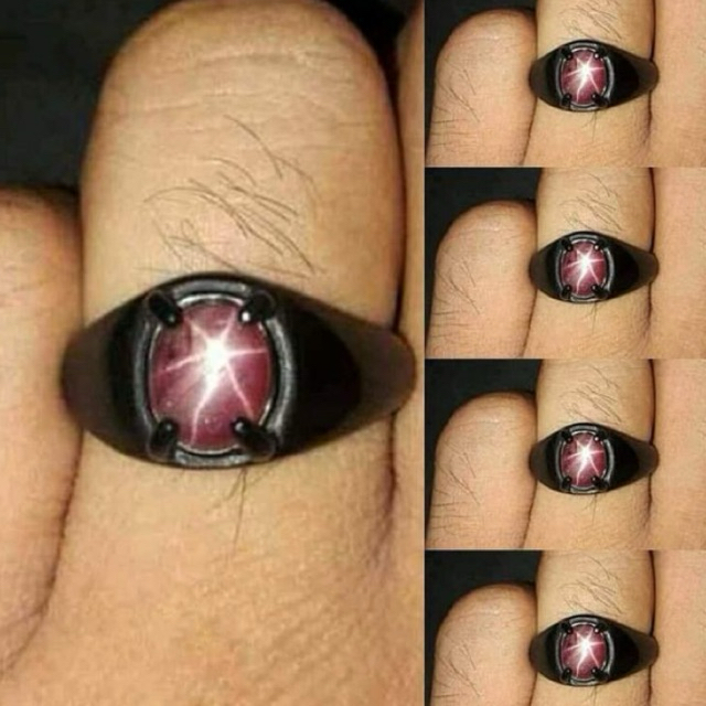 Batu Permata Ruby Star Mewah Ring Titanium Hitam