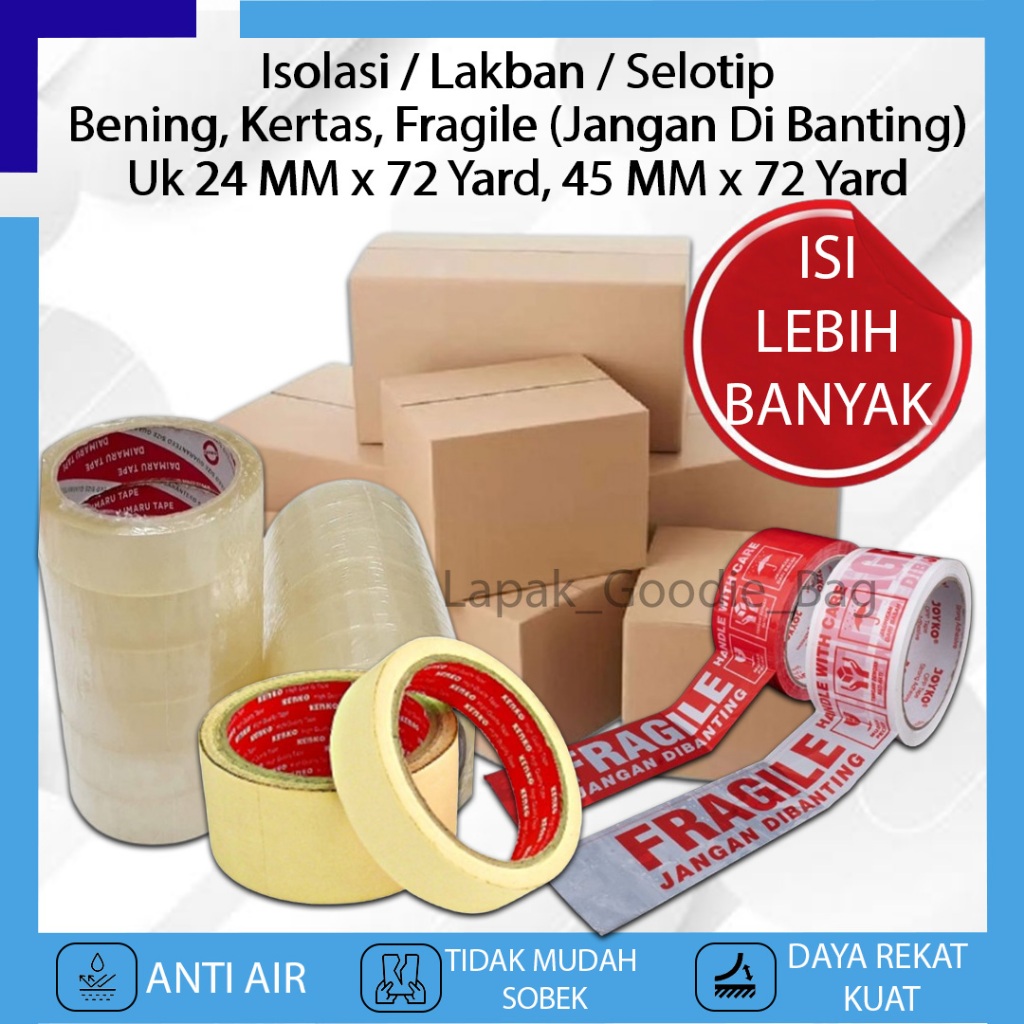 

Lakban Solasi BENING KERTAS FRAGILE Jangan Di Banting Uk 24mm x 100m 45mm x 72m Isolasi Tape Perekat Selotip Kardus Packing Paket Online Shop